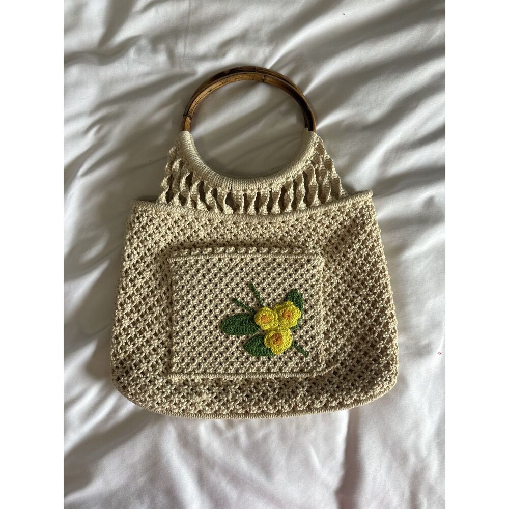 Vintage Crochet Floral Bamboo Handle Handbag | Cottagecore Boho Knit Purse